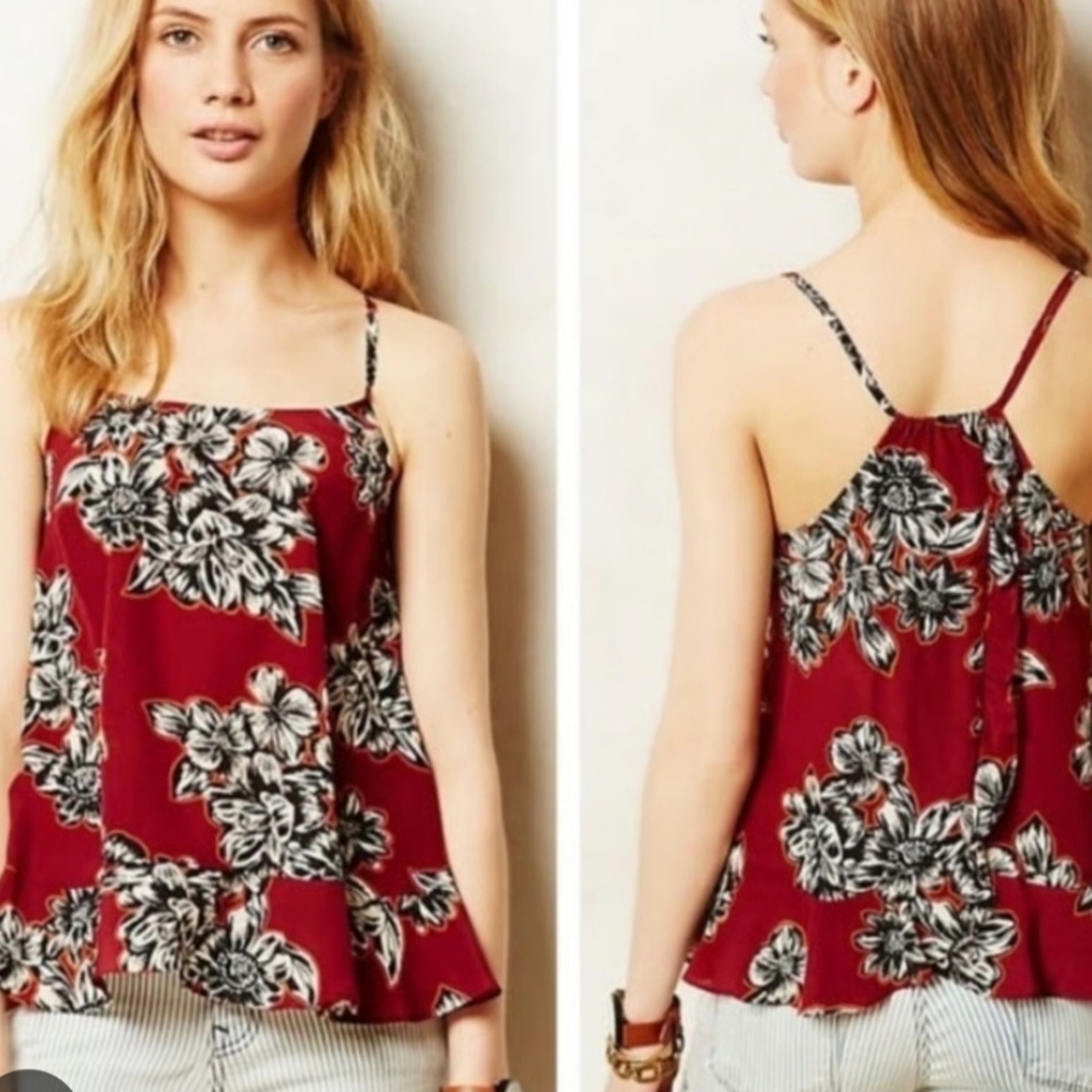 Maeve Anthropologie Zabella Red Floral Silk Top
